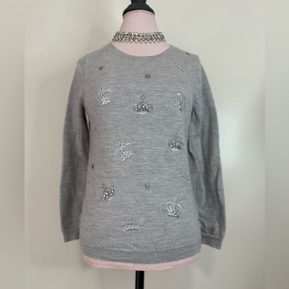 Talbots 100% merino wool Gray Embellished Women's Sweater in size medium